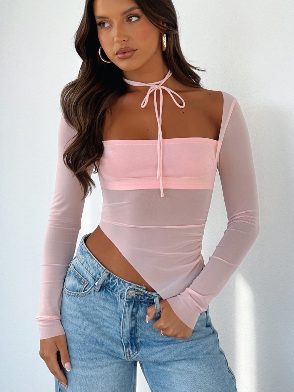 White Fox Boutique Pink Mesh Long Sleeve Top - Picture 3 of 6